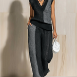 ElevenOra Chic Elegant Black-Gray Colorblock V-Neck Sleeveless Lace-Trim Loose Vest Wide-Leg Pants Knit Two-Piece Set