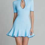 ElevenOra Chic Elegant Blue Stand Collar V-Neck Short-Sleeve Tailored Waist Flared Hem Contrast Trim Detail Ribbed Knit Mini Dress