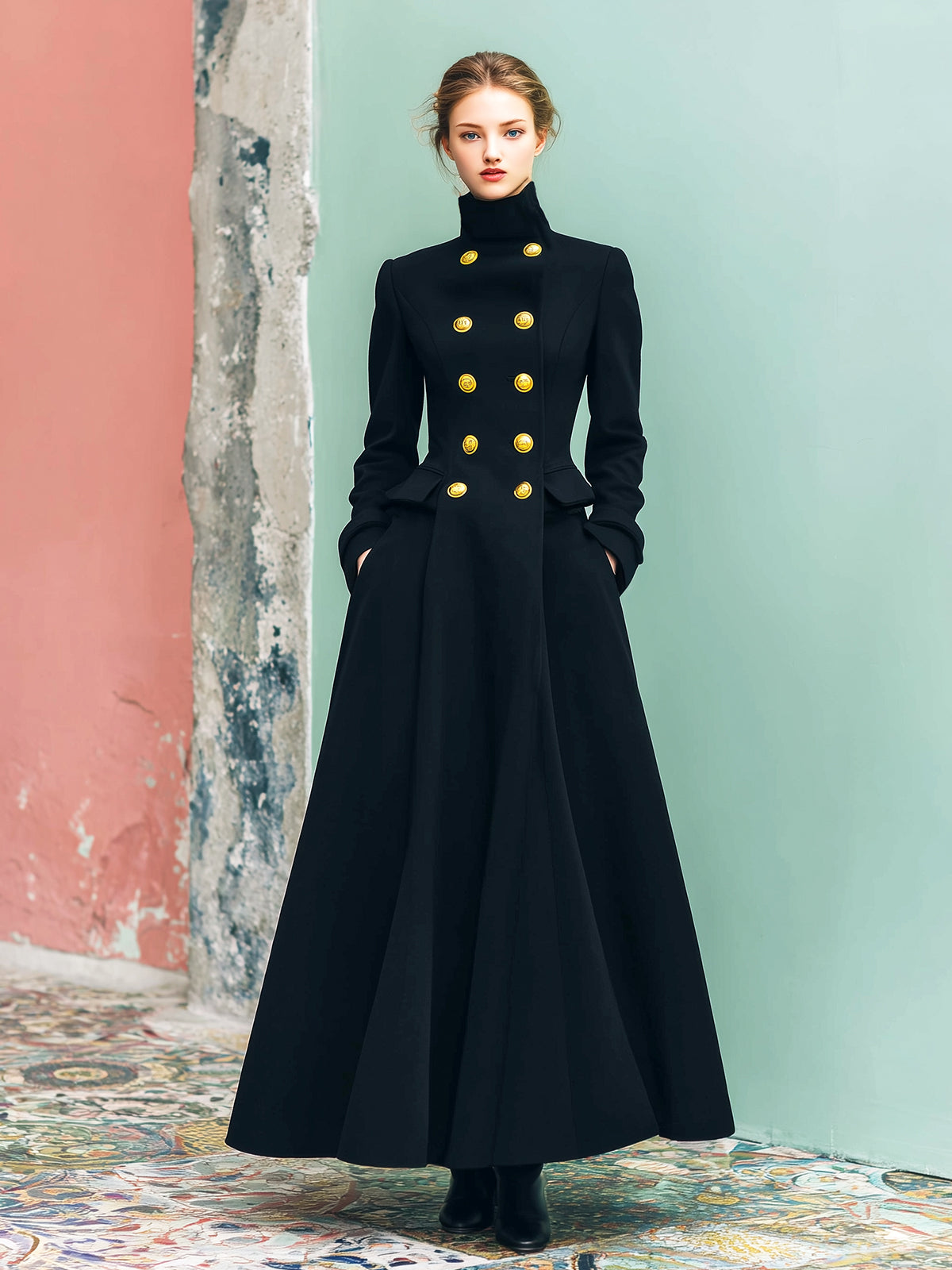 ElevenOra Vintage Navy Wool Blend Stand Collar Metal Button Double-Breasted Tailored Waist Flared Hem Long Coat