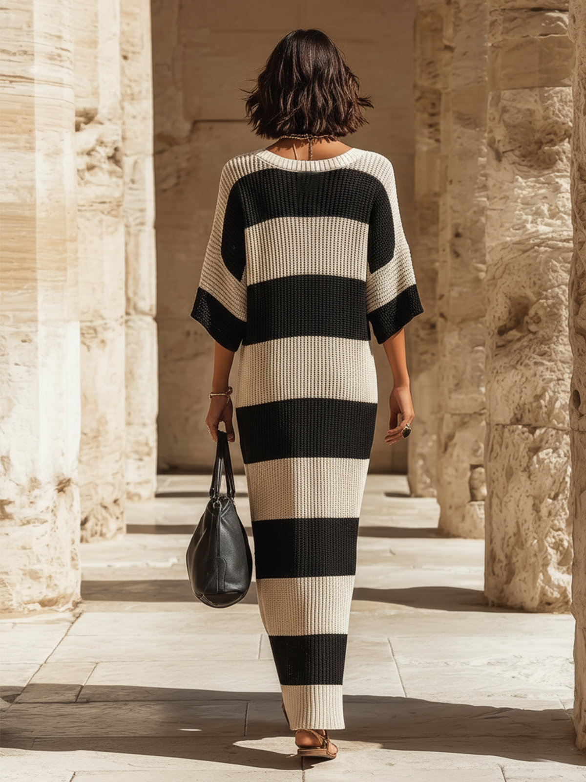 ElevenOra Chic Elegant Beige-Black Striped V-Neck Short-Sleeve Loose-Fit Side Slits Ribbed Knit Maxi Dress