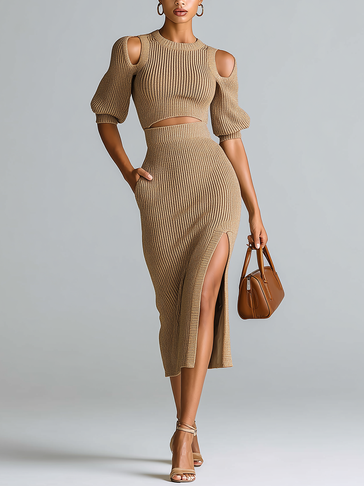 ElevenOra Stylish Elegant Camel Crew Neck Slim-fit Short-sleeved Cutout Sweater Top Side-Slit Pencil Skirt Ribbed Knit Two-Piece Set