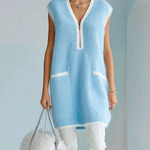 ElevenOra Chic Casual Blue Zip-Up V-Collar Sleeveless Contrast Trim Details Oversized Knit Mini Dress