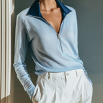 ElevenOra Chic Casual Light Blue Contrast Collar Half-zip Long-sleeve Knit Sweater