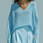 ElevenOra Chic Casual Blue V-Neck Long Sleeve Button Oversized Ribbed Knit Sweater