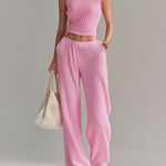 ElevenOra stylish Elegant Pink High-neck V-neck Sleeveless Loose Sweater Wide-leg Pants Knit Two-piece Set