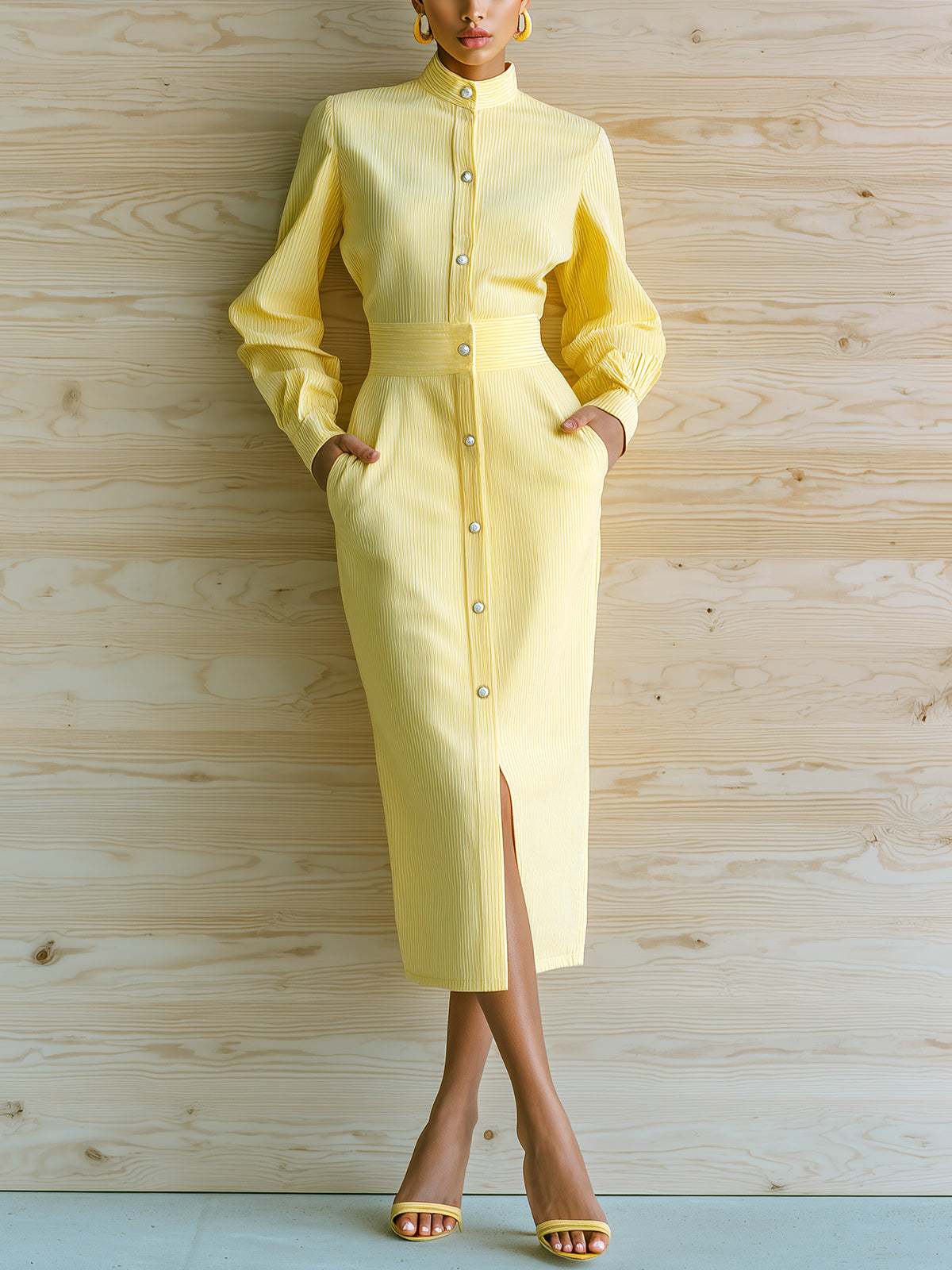 ElevenOra Chic Casual Yellow Ribbed Cotton Blend Stand Collar Pearl-Button Long Sleeve Tailored Waist Midi Dress