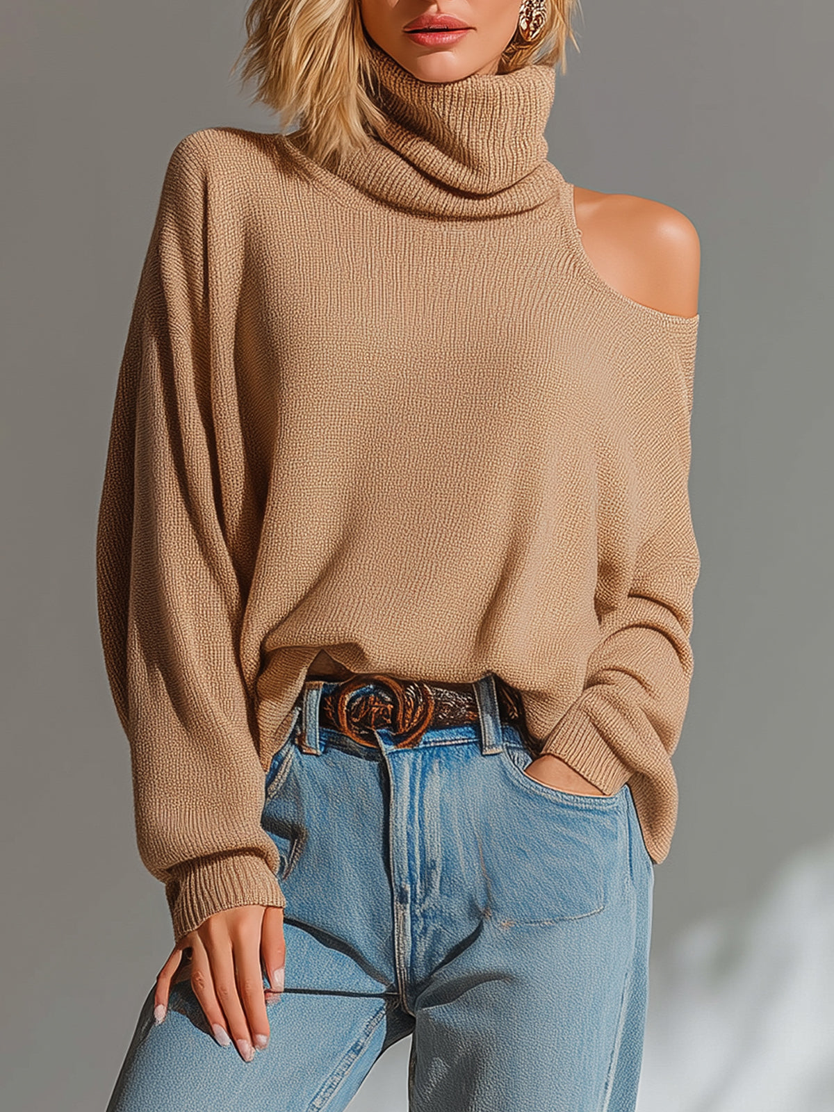 ElevenOra Casual Chic Turtleneck One-Shoulder Cutout Long-Sleeve Knitted Slouchy Sweater