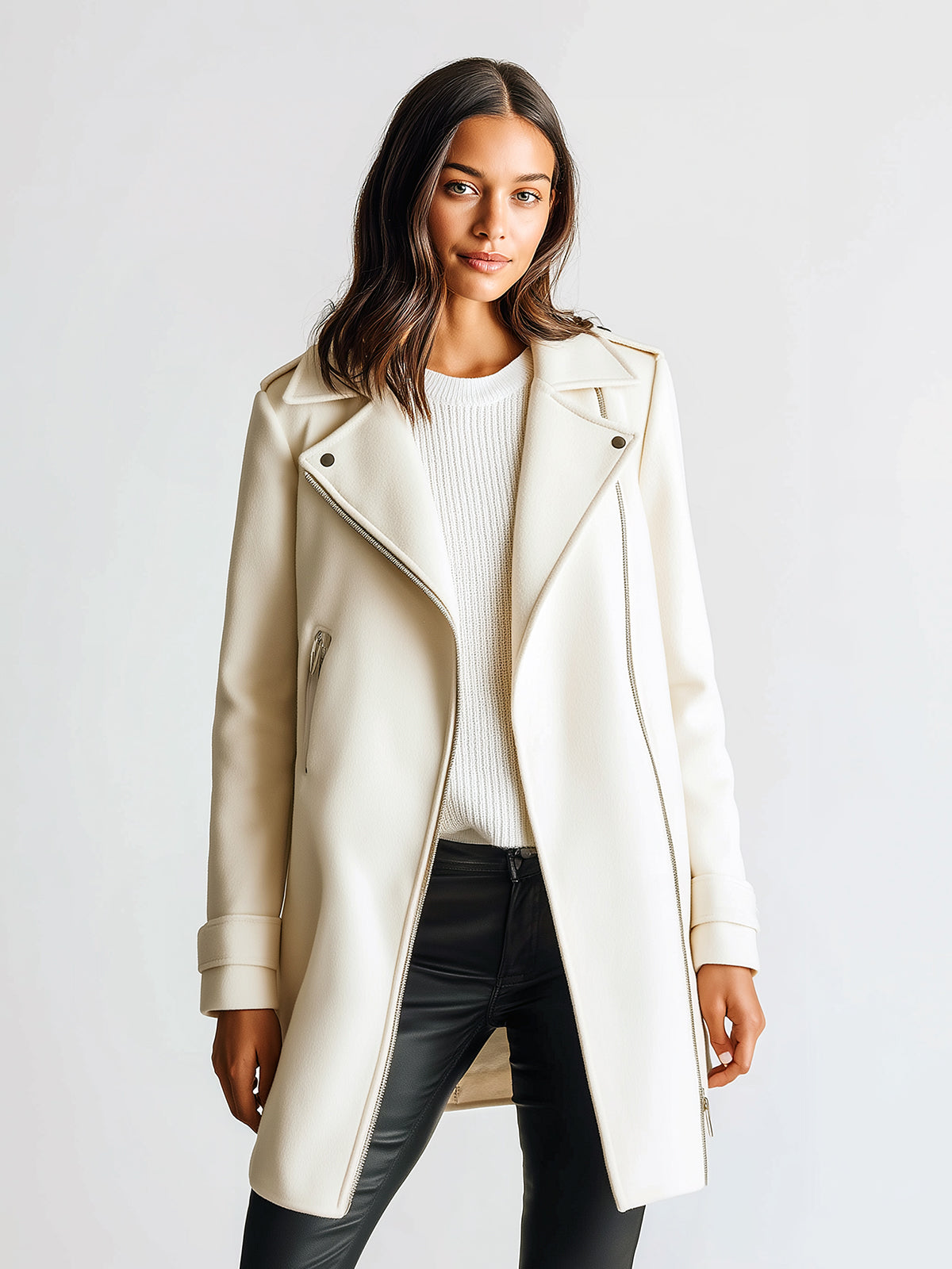ElevenOra Chic Casual Cream White Wool Blend Lapel Asymmetric Zip Biker Style Mid-Length Warm Coat