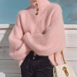 ElevenOra Chic Casual Pink Turtleneck Button Details Long Sleeve Oversized Fuzzy Knit Sweater