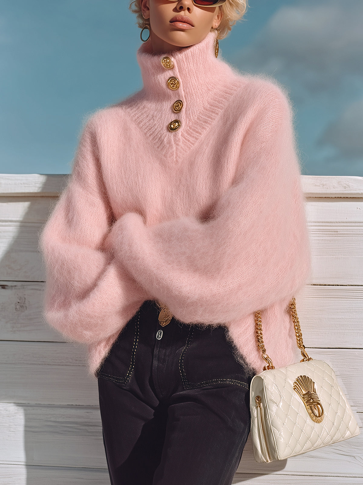 ElevenOra Chic Casual Pink Turtleneck Button Details Long Sleeve Oversized Fuzzy Knit Sweater