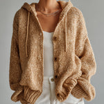 ElevenOra Chic  Casual Camel Hooded Wooden Button Slouchy Chunky Knit Cardigan