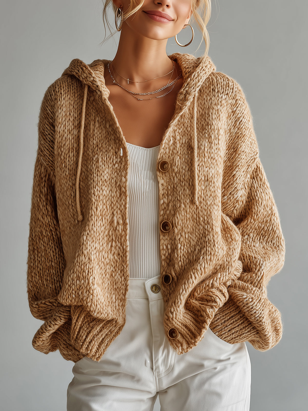 ElevenOra Chic  Casual Camel Hooded Wooden Button Slouchy Chunky Knit Cardigan
