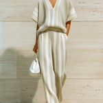 ElevenOra Chic Casual White-Beige Striped V-Neck Short-Sleeve Loose Sweater Wide-Leg Pants Knit Two-Piece Set