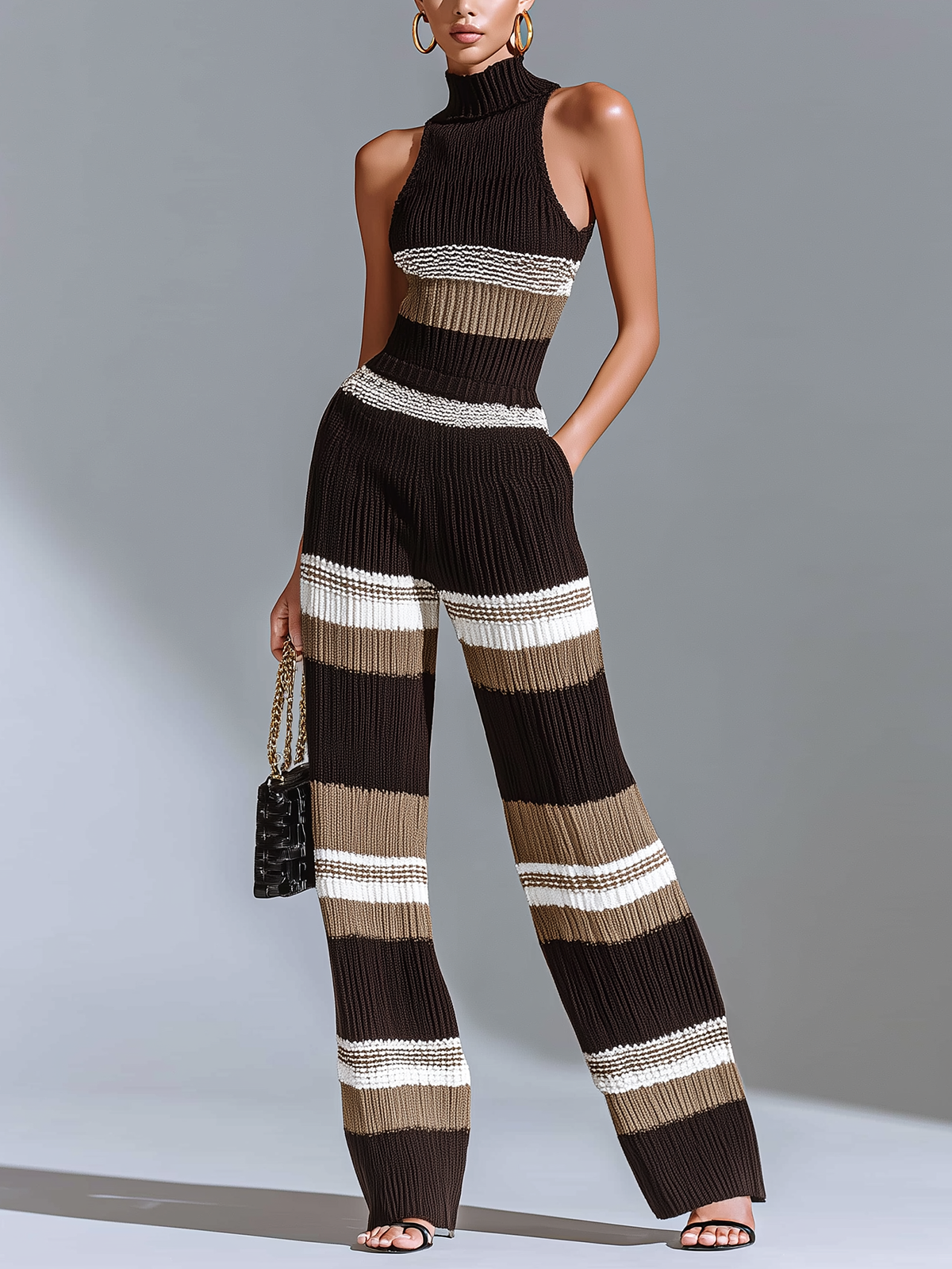 ElevenOra Chic Elegant Black Striped Mock-Neck Sleeveless Slim Fit Wide-Leg Ribbed Knit Jumpsuit