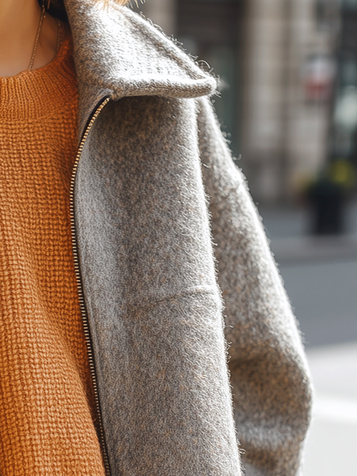 ElevenOra Casual Chic Gray Wool Blend Lapel Zip-Front Oversized Warm Coat
