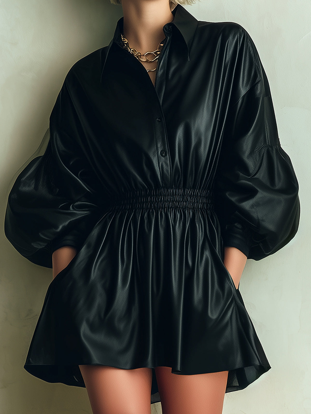 ElevenOra Chic Casual Black Faux Leather Lapel Button-Front Lantern Sleeve Elastic Waist Mini Dress