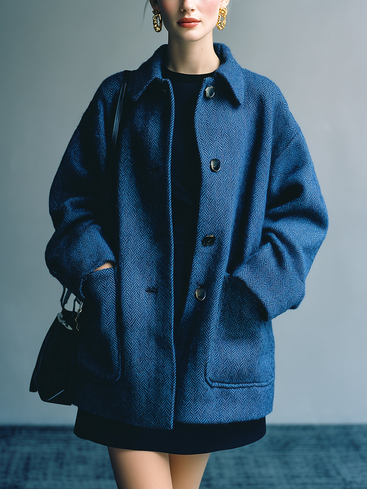 ElevenOra Chic Vintage Dark Blue Herringbone Wool Blend Lapel Single-Breasted Large Pocket Slouchy Short Coat