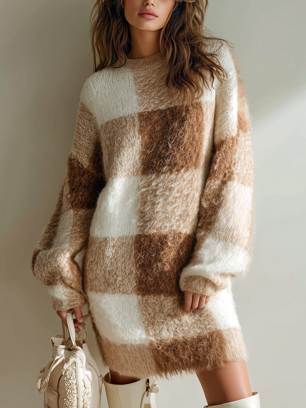 ElevenOra Chic Vintage Colorblock Plaid Round Neck Oversized Long-sleeved Knit Mini Dress