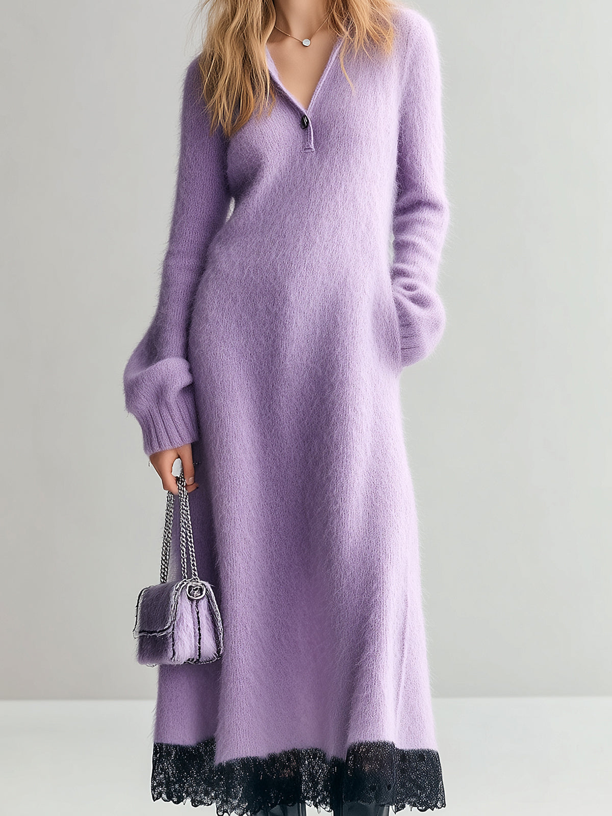 ElevenOra Chic Elegant Lavender Lapel V-Neck Long Sleeve Slim Fit Contrast Lace Hem Knit Maxi Dress