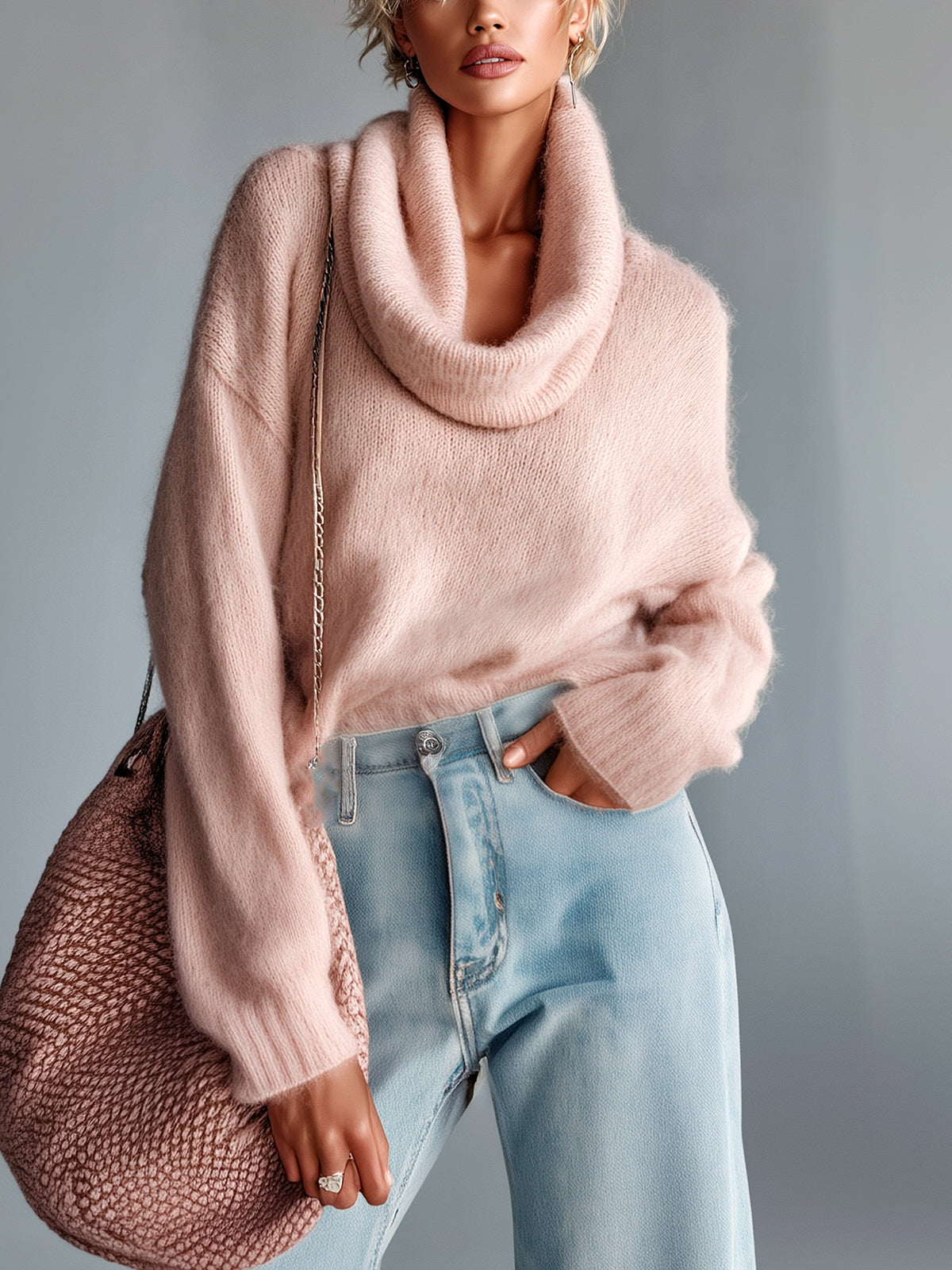 ElevenOra Chic Vintage Light Pink Turtleneck Batwing Sleeve Oversized Knit Sweater Top