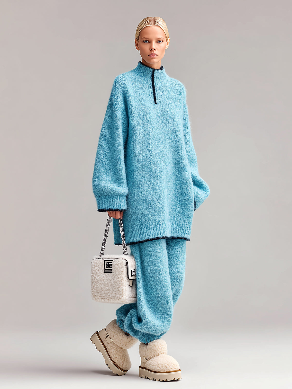 ElevenOra Chic Casual Baby Blue Fuzzy Half-Zip Mock Neck Contrast Trim Long-Sleeve Sweater Cuffed Pants Oversized Knit Two-Piece Set