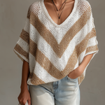 ElevenOra Chic Casual White-Beige Stripes V-neck Short-sleeved Loose-Fit Knit Sweater