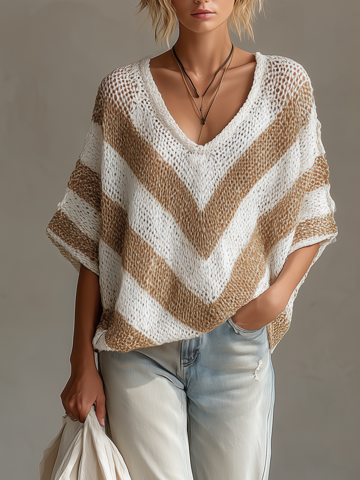 ElevenOra Chic Casual White-Beige Stripes V-neck Short-sleeved Loose-Fit Knit Sweater
