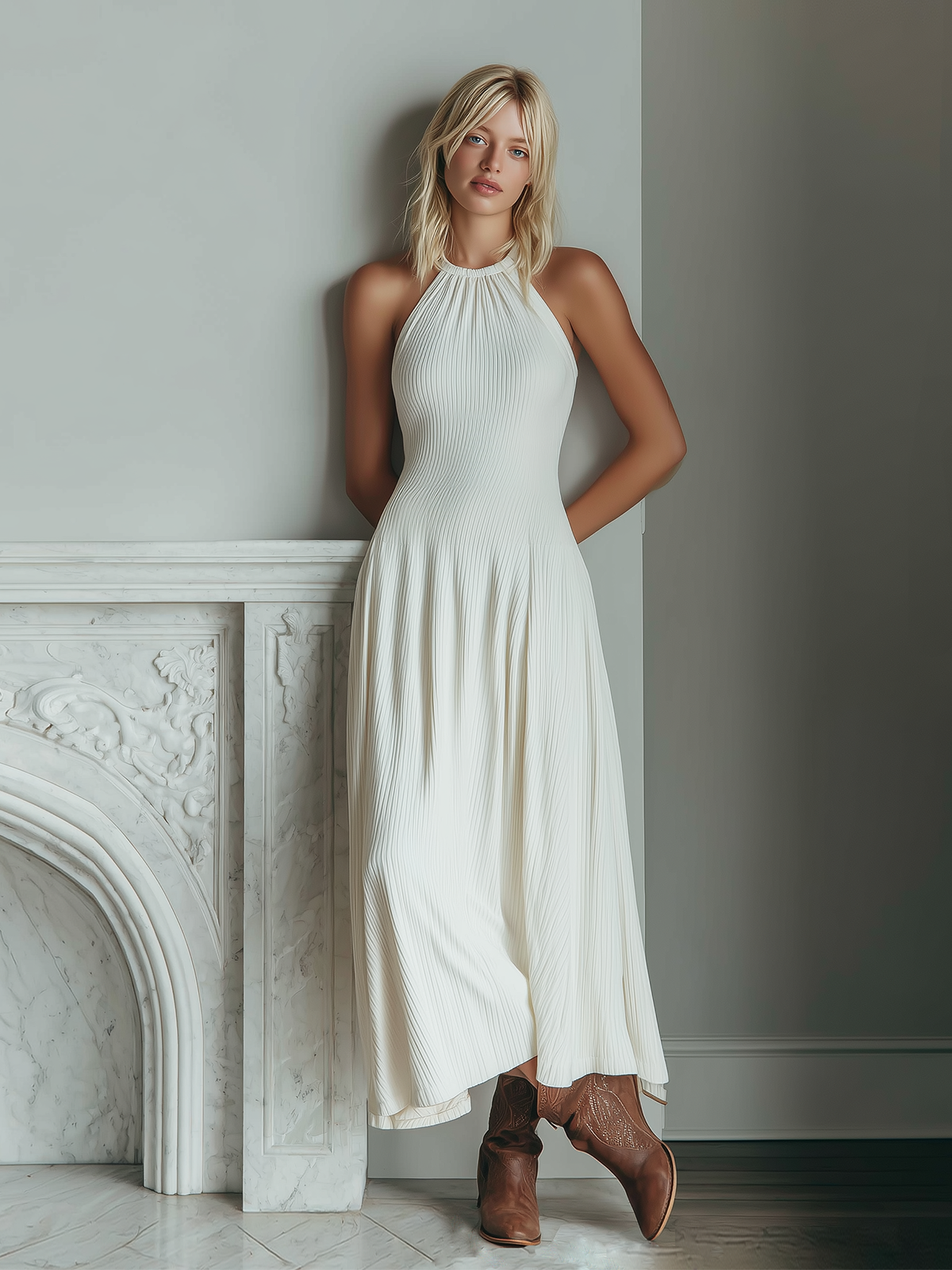 ElevenOra Chic Vintage White Round Neck Shirring Sleeveless Tailored Wais Knit Maxi Dress