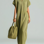 ElevenOra Stylish Elegant Olive Green Stand-Collar Zipper-Front Drop Shoulder Sleeveless Loose-Fit Ribbed Knit Maxi Dress