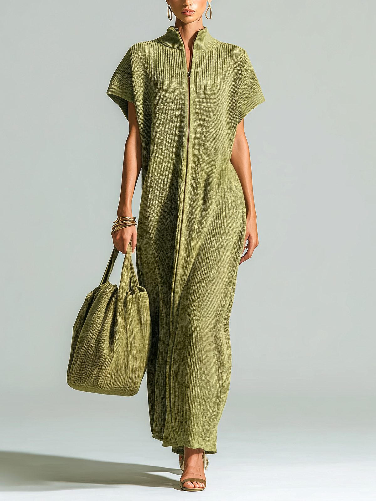ElevenOra Stylish Elegant Olive Green Stand-Collar Zipper-Front Drop Shoulder Sleeveless Loose-Fit Ribbed Knit Maxi Dress