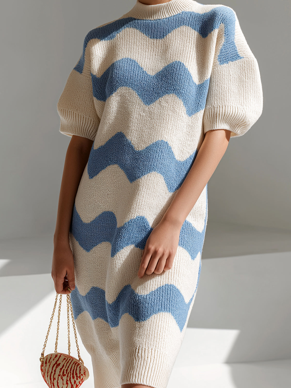ElevenOra Chic Elegant Blue White Stripes Round-Neck Short-Sleeve Oversize Knit Midi Dress