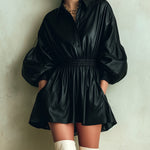 ElevenOra Chic Casual Black Faux Leather Lapel Button-Front Lantern Sleeve Elastic Waist Mini Dress