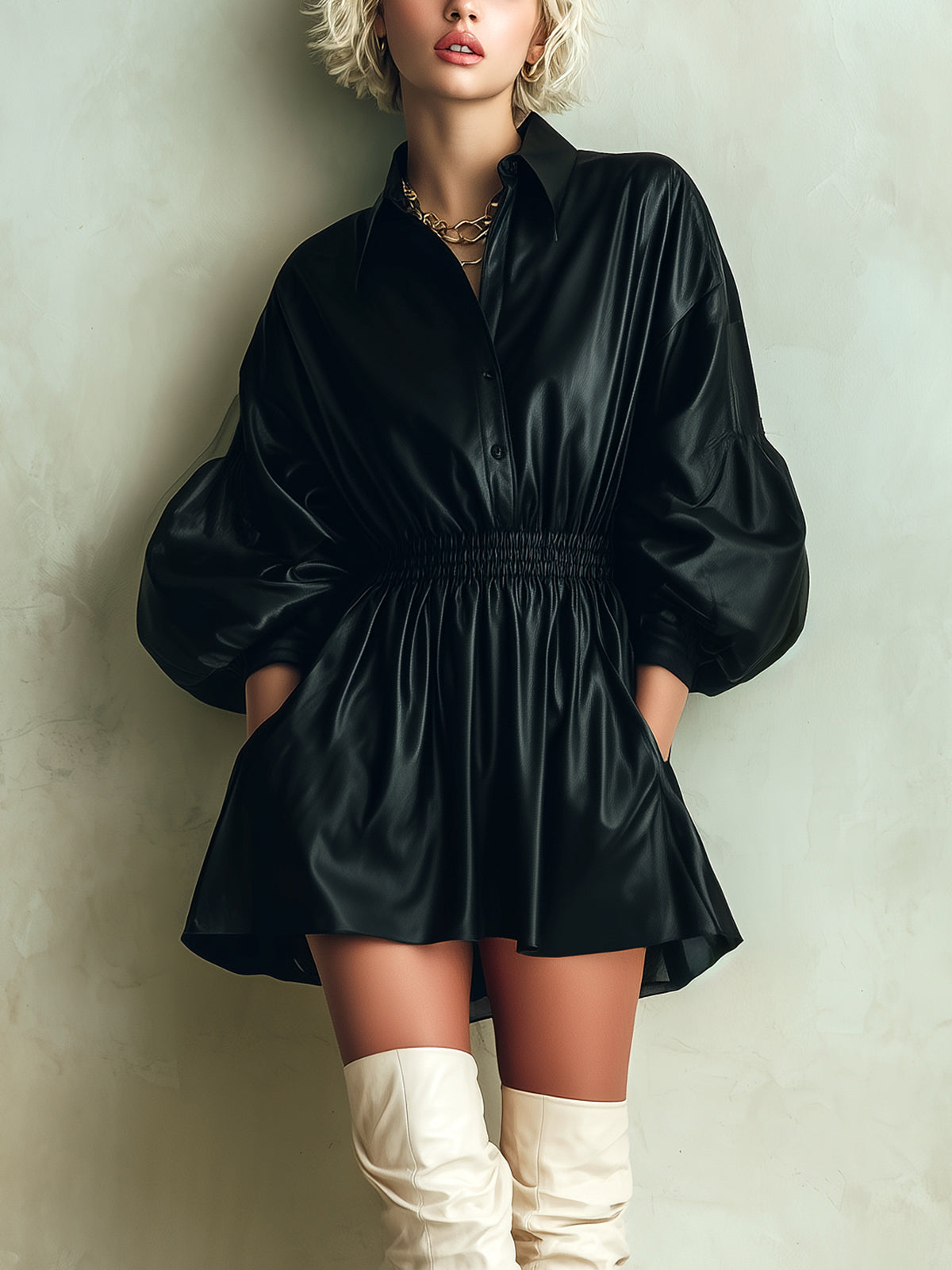 ElevenOra Chic Casual Black Faux Leather Lapel Button-Front Lantern Sleeve Elastic Waist Mini Dress