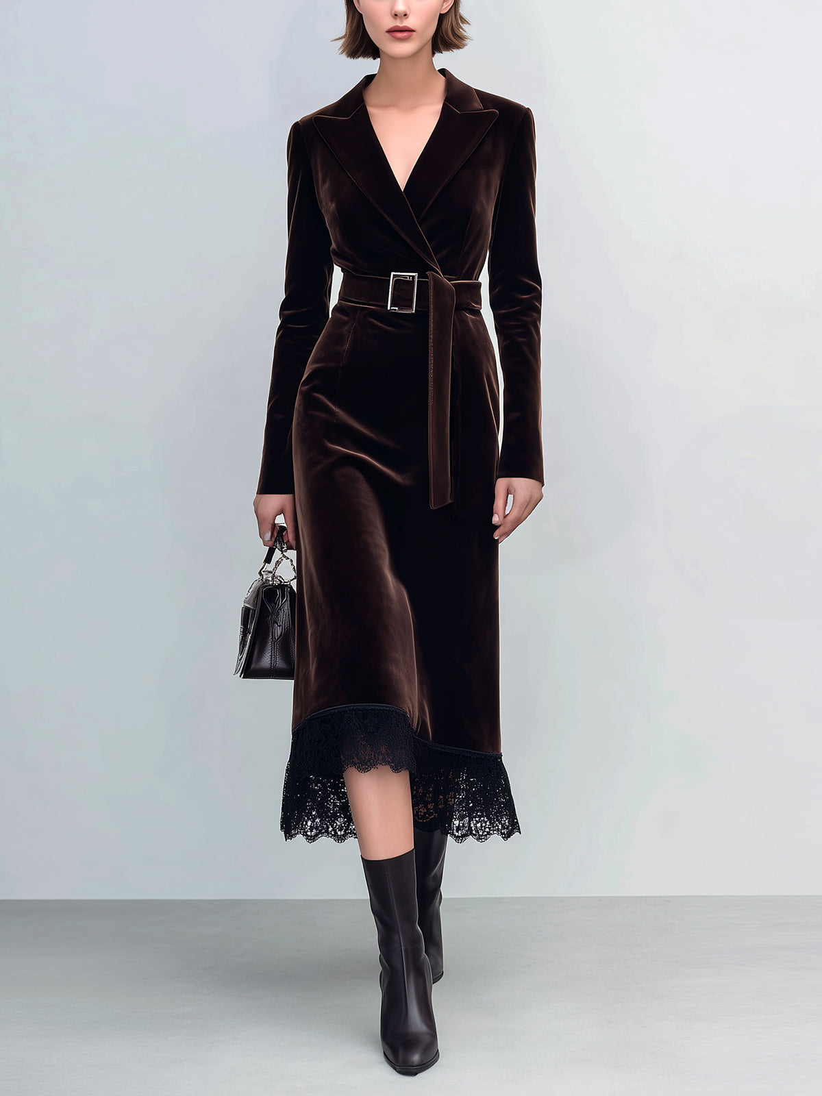 ElevenOra Vintage Elegant Velvet Peaked Lapel Tailored Waist Belted Long Sleeve Lace-Panel Midi Dress
