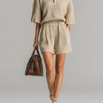 ElevenOra Stylish Casual Beige Lapel Half-Zip Short-Sleeved Loose Polo Sweater Shorts Knitted Two-Piece Set