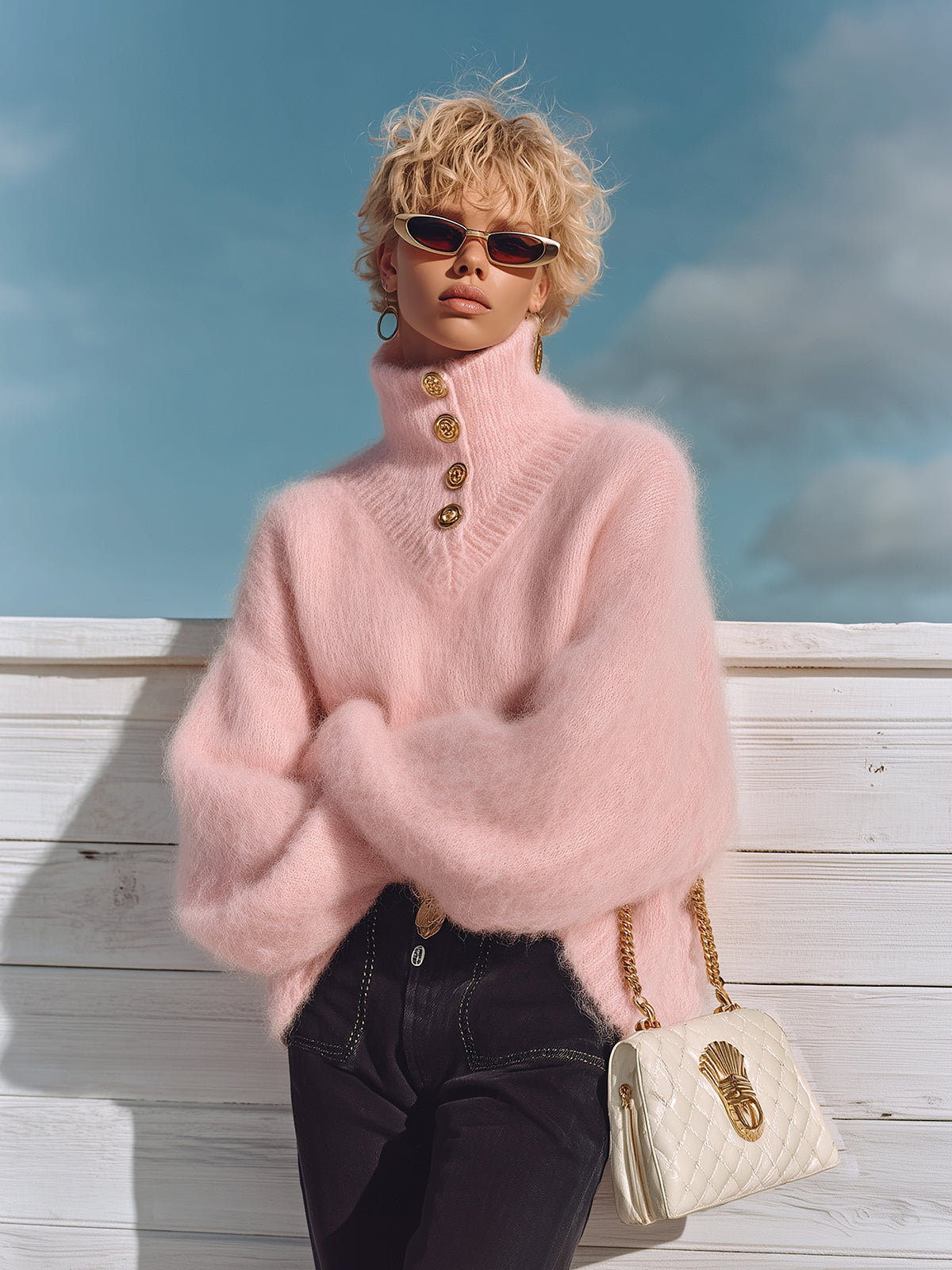 ElevenOra Chic Casual Pink Turtleneck Button Details Long Sleeve Oversized Fuzzy Knit Sweater