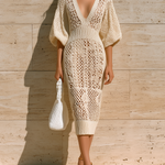 ElevenOra Chic Elegant Beige V-Neck Lantern Sleeve Slim Fit Hollow Knit Midi Dress