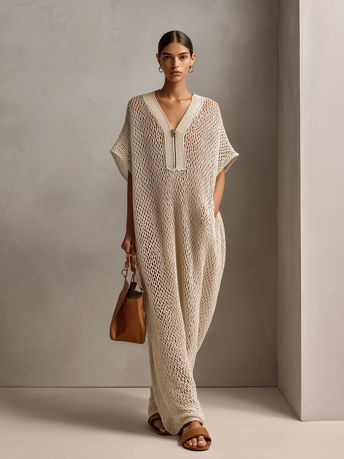 ElevenOra Chic Elegant Beige Zipper-Up Ribbed V-Neck Short-Sleeve Oversize Hollow Out Knit Maxi Dress