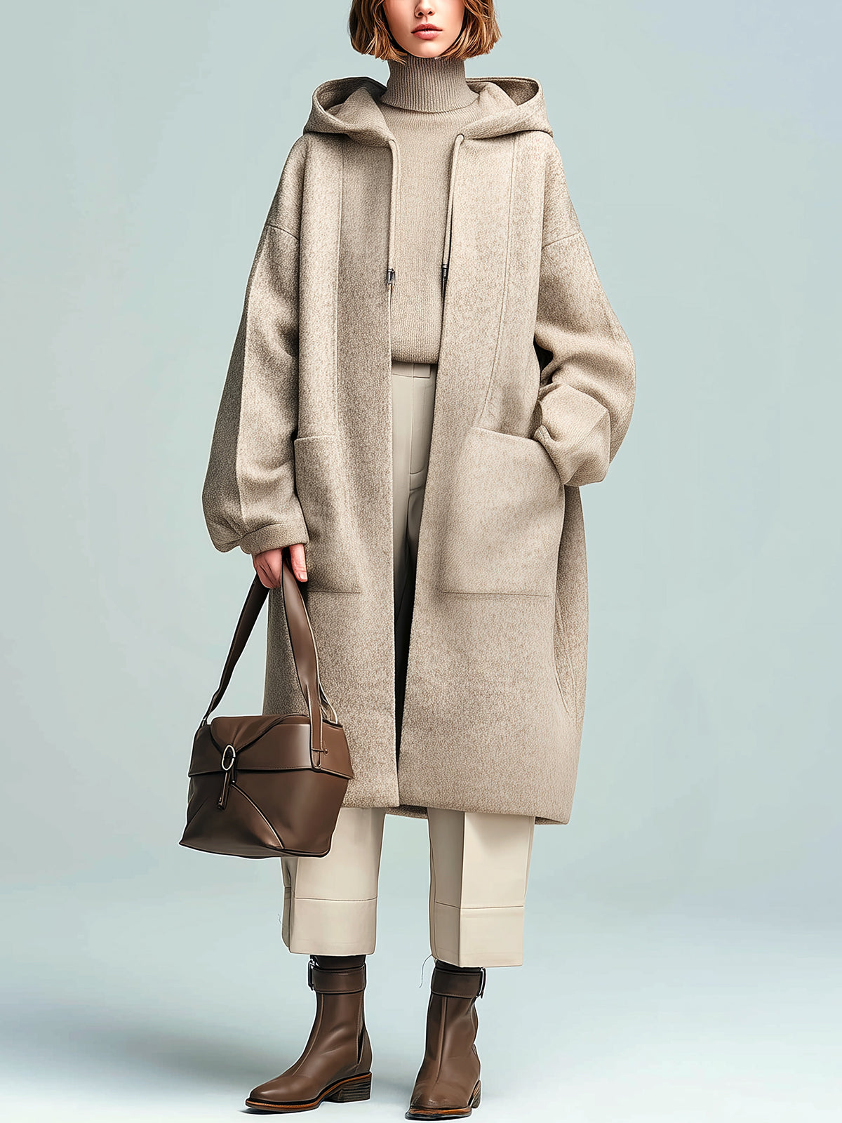 ElevenOra Chic Vintage Khaki Wool Blend Hooded Patch Pocket Slouchy Mid-Length Coat