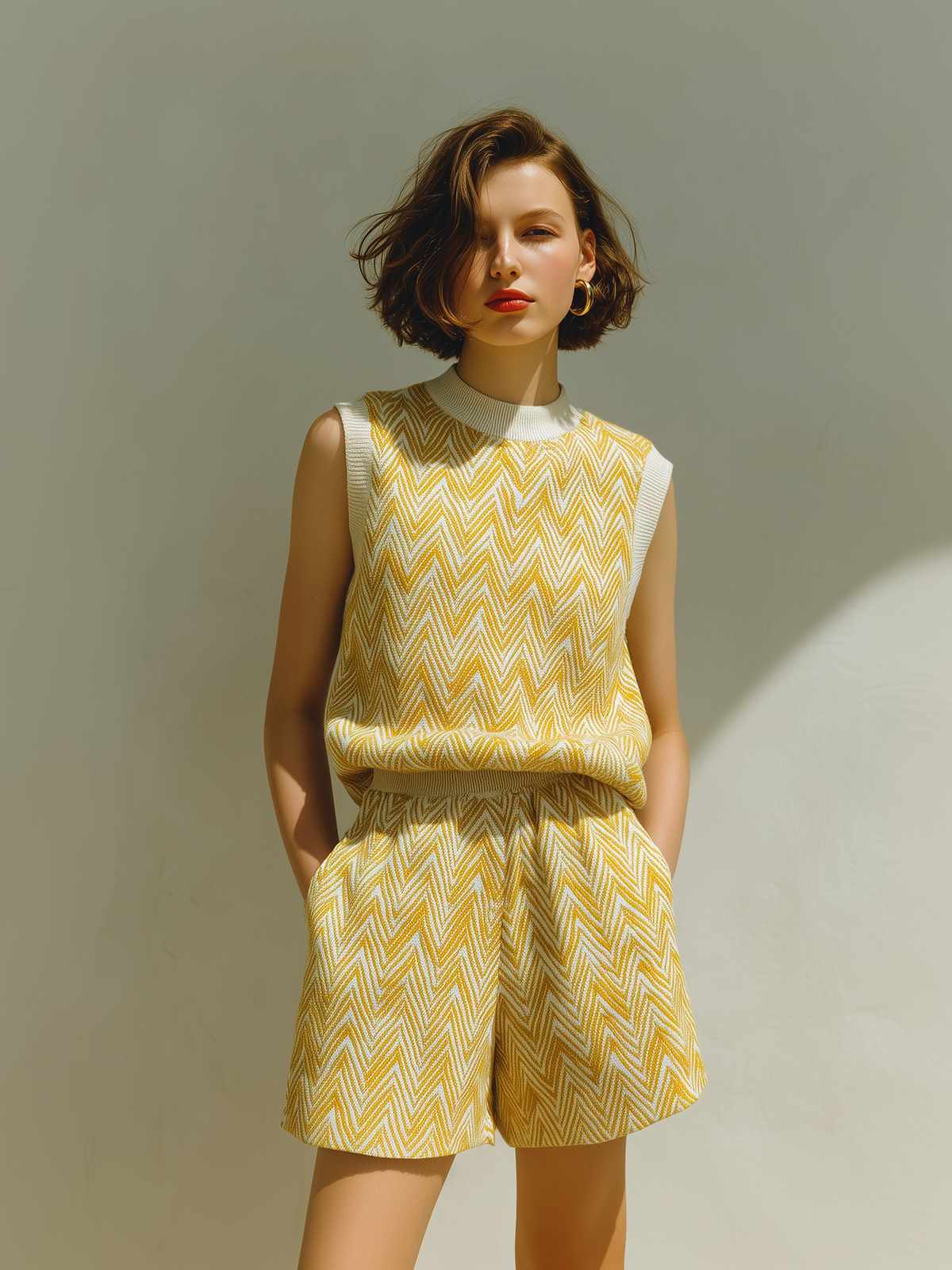 ElevenOra Chic Casual Yellow Jacquard Round Neck Sleeveless Loose-Fit  Vest Elastic Waist Shorts Knit Two-Piece Set