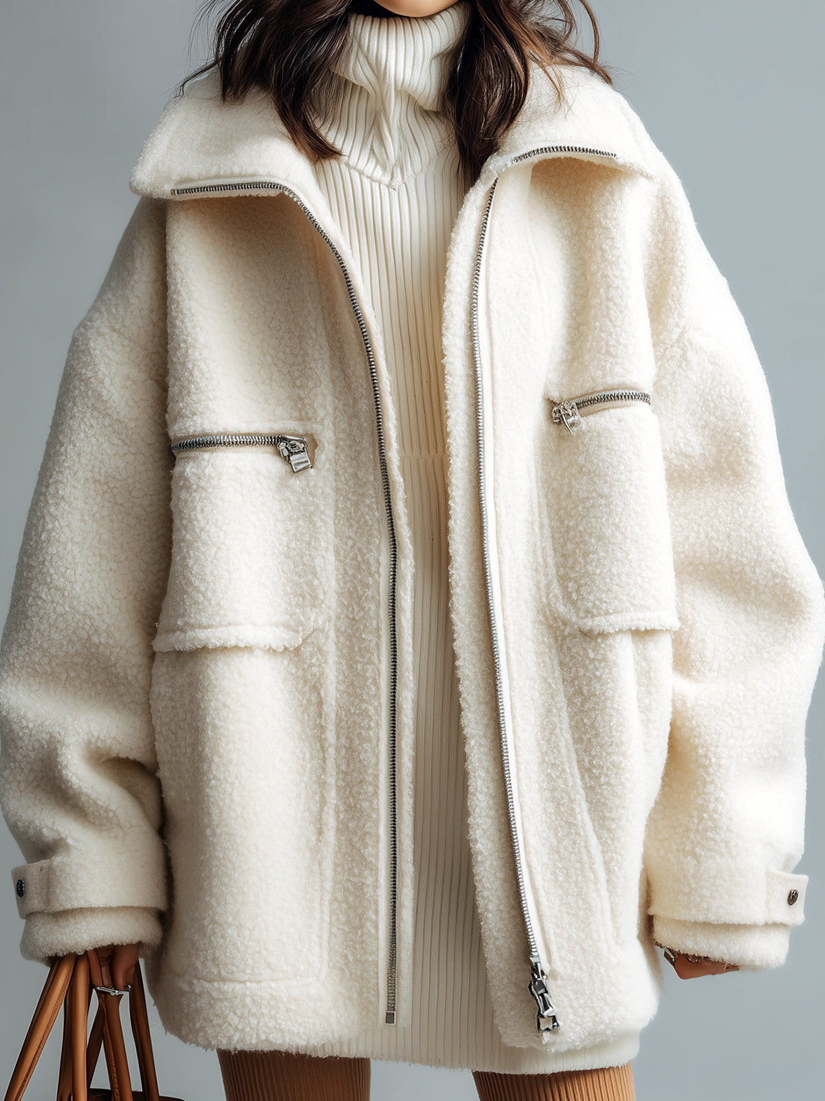 ElevenOra casual Faux Lambswool Lapel Zipper Front Multi-pocket Oversized Warm Coat