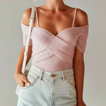 ElevenOra Chic Casual Pink Off-Shoulder Short-Sleeve Slim-Fit Ribbed Knit Sweater