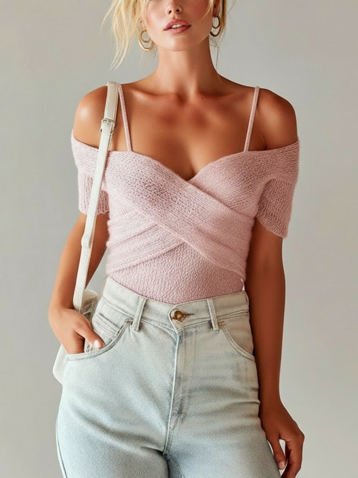 ElevenOra Chic Casual Pink Off-Shoulder Short-Sleeve Slim-Fit Ribbed Knit Sweater