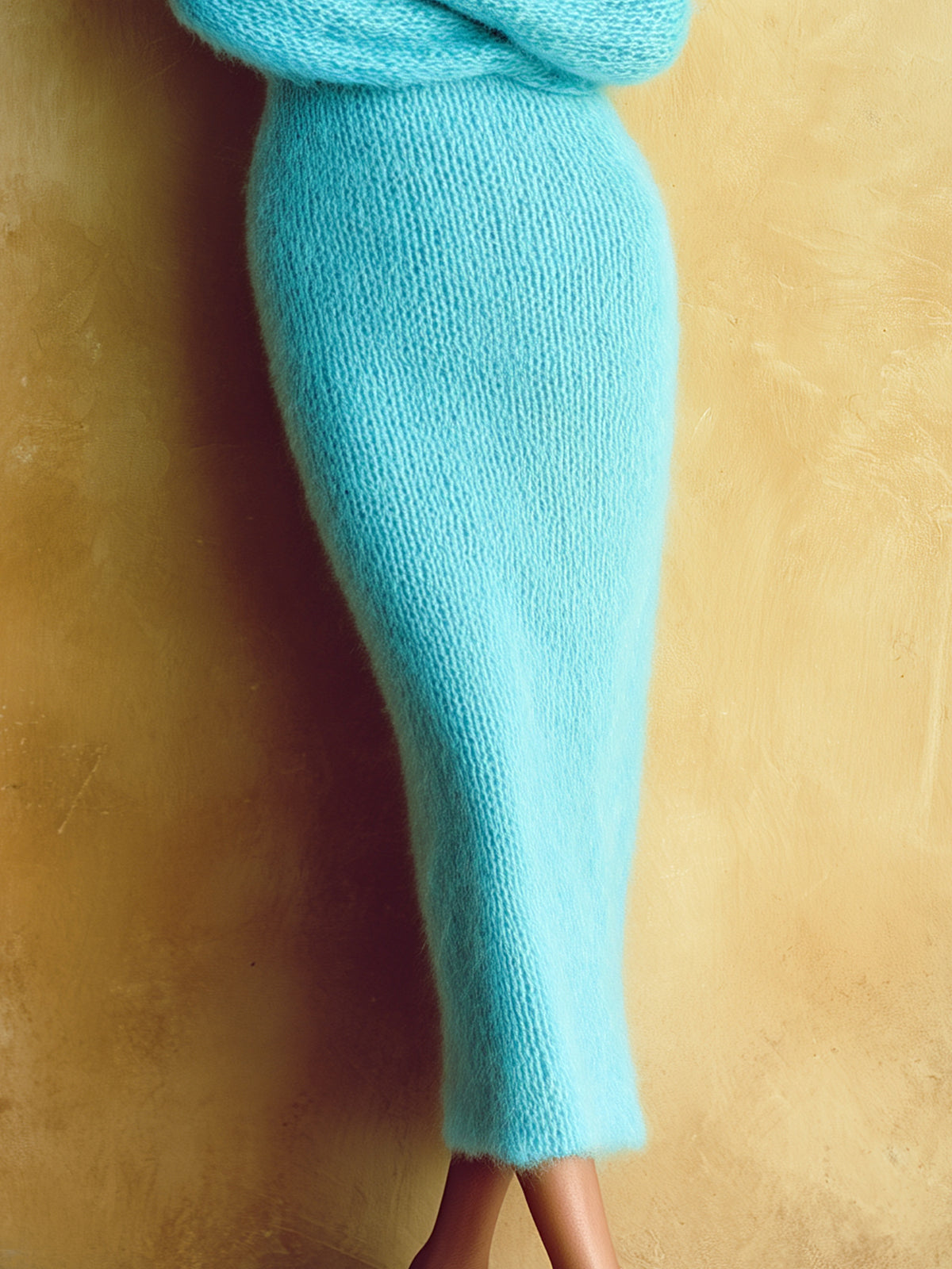 ElevenOra Stylish Solid Color Mohair One-Shoulder Long Lantern Sleeve Bodycon Knit Maxi Dress
