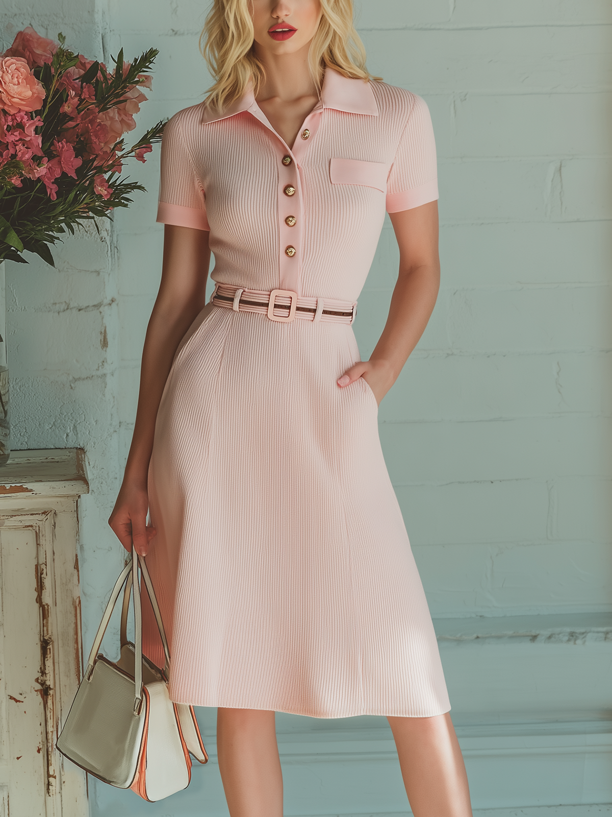 ElevenOra Chic Vintage Pink Polo Collar Short Sleeve Button-Front Belted Patch Pocket Slim-Fit Flare Hem Ribbed Knit Midi Dress