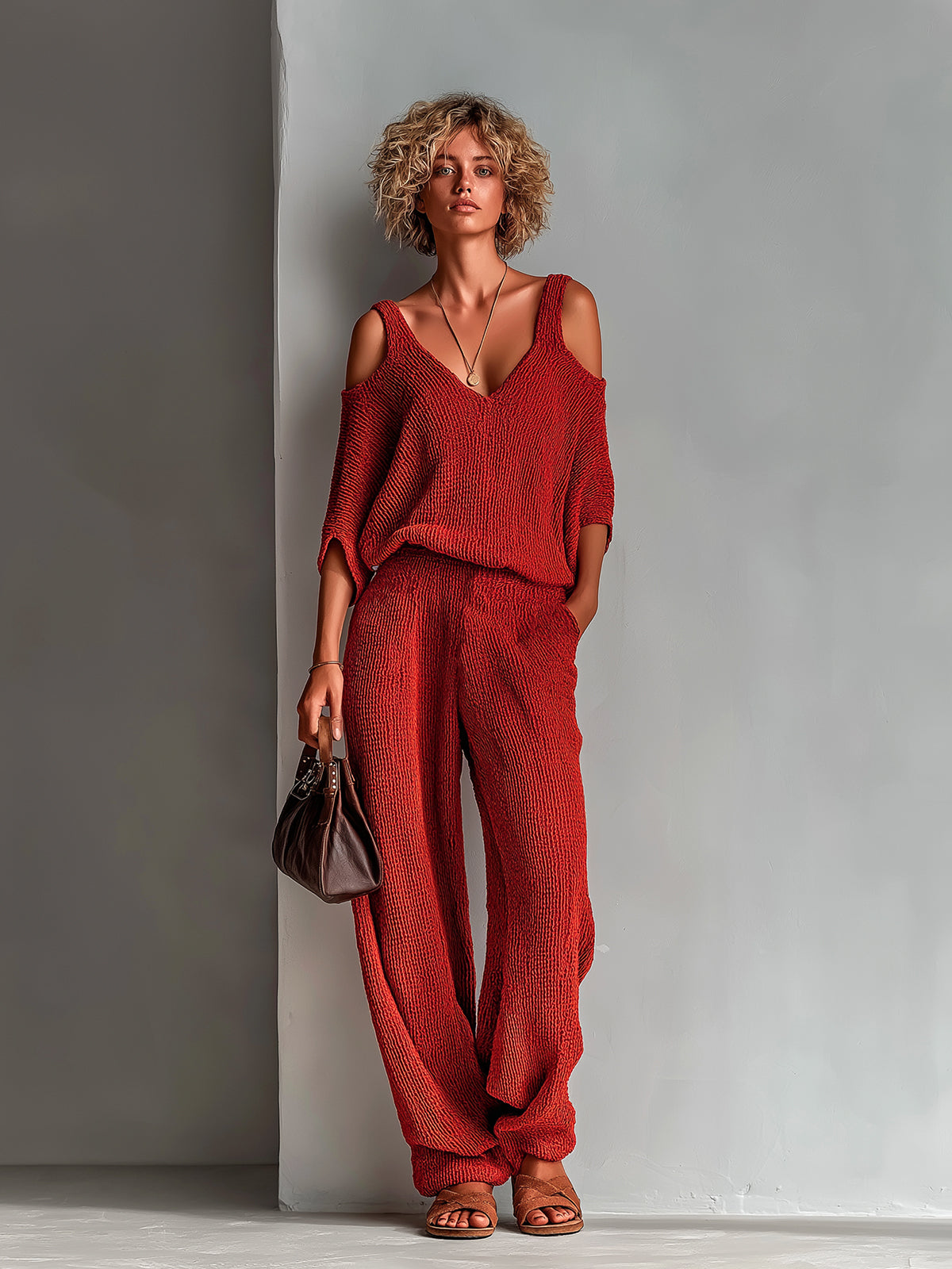 ElevenOra Chic Elegant Red V-Neck Half-Sleeve Cutout Details Loose-Fit Sweater Wide-Leg Pants Knit Two-Piece Set