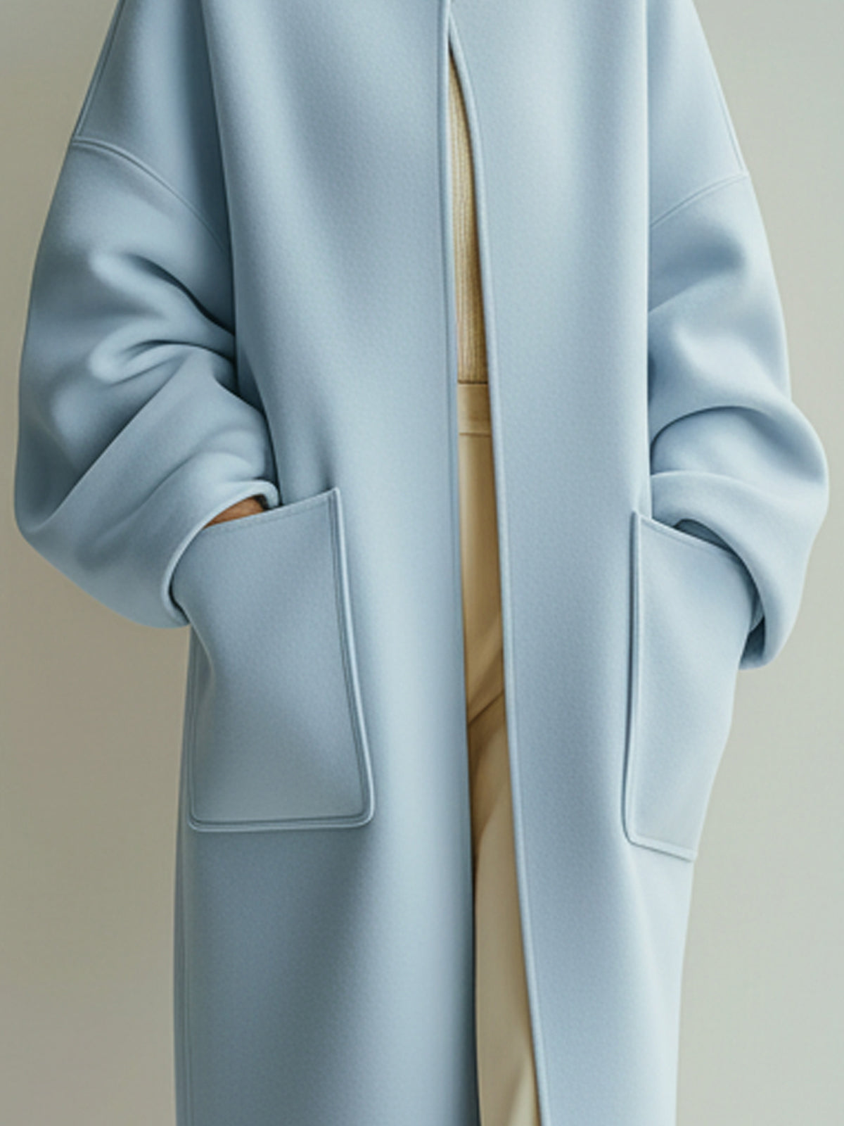 ElevenOra Chic Elegant Light Blue Wool Blend Collarless Large Pocket Slouchy Maxi-Length Coat