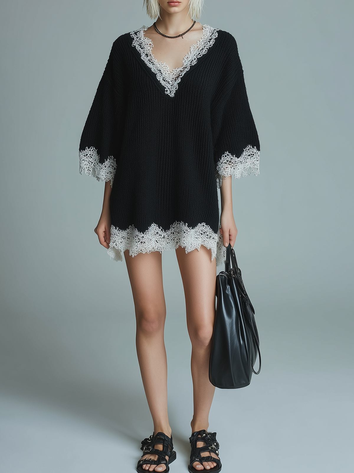 ElevenOra stylish Casual Black V-neck Lace Trim Short-sleeved Loose-fitting Knit Mini Dress