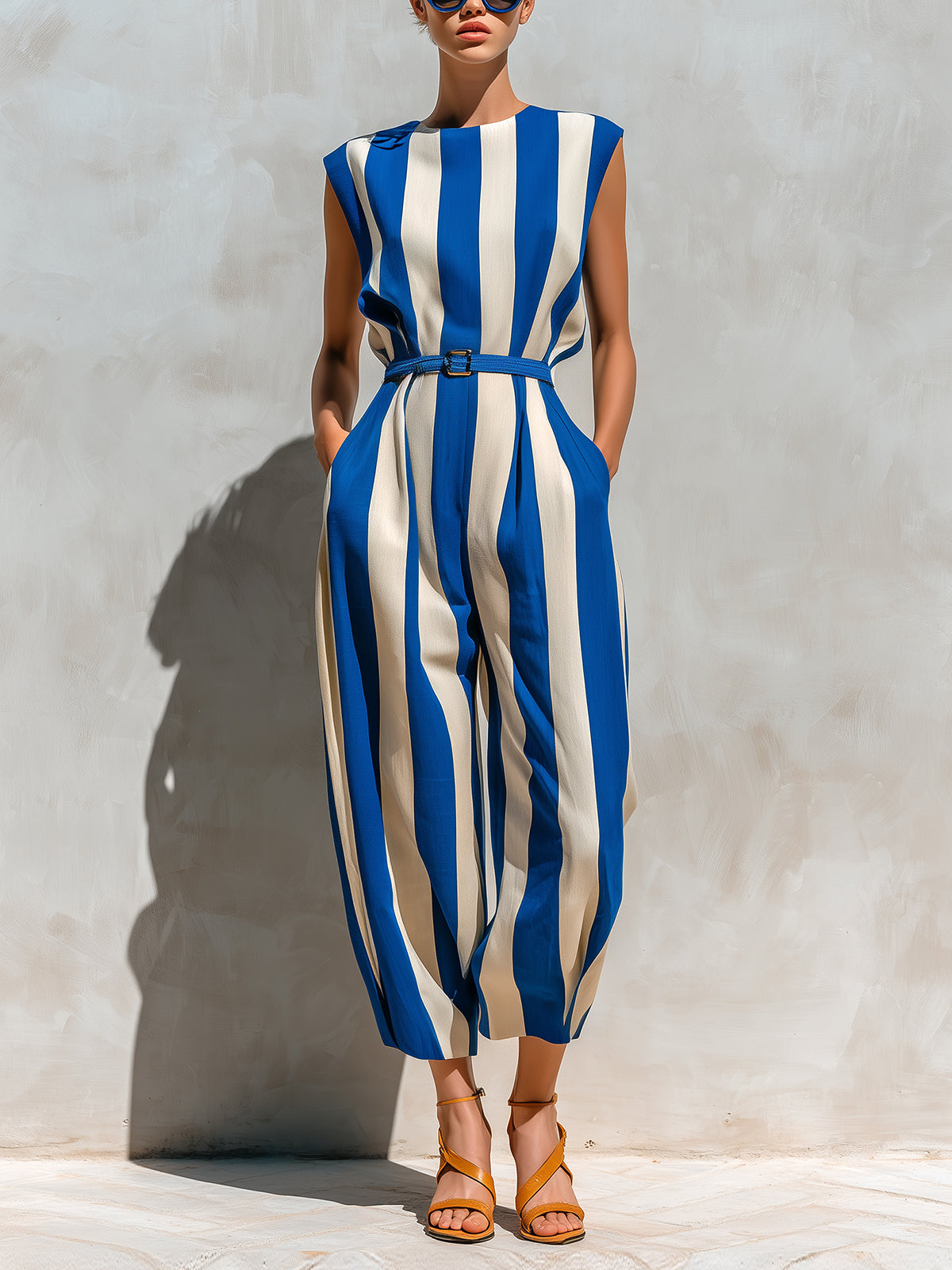 ElevenOra Chic Elegant Royal Blue & Beige Striped Cotton Blend Sleeveless Belted Loose-Fit Jumpsuit
