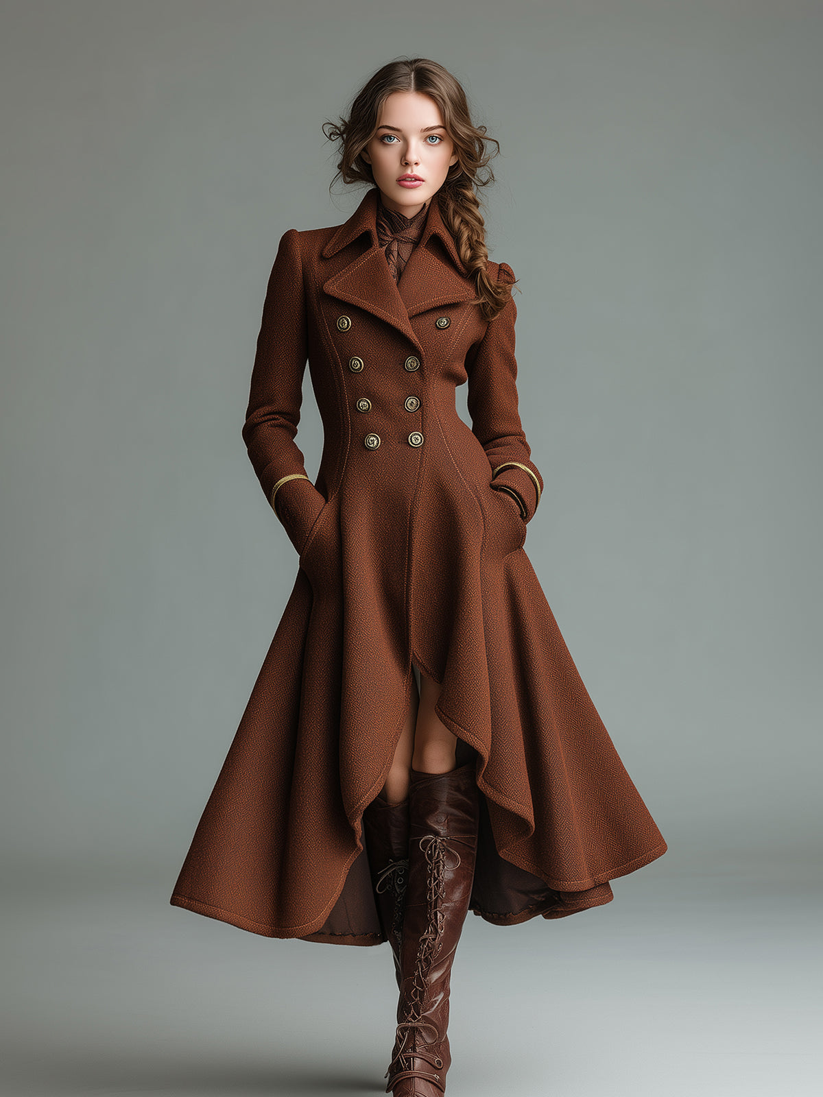 ElevenOra Vintage Wool Blend Lapel Double-Breasted Tailored Waist Asymmetrical Flared Hem Long Coat